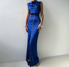 Elegant Turtleneck Sleeveless Crop Top Vest High Waist Button Long Skirt 2 Piece Set