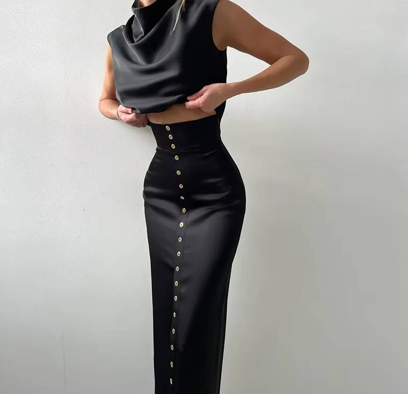 Elegant Turtleneck Sleeveless Crop Top Vest High Waist Button Long Skirt 2 Piece Set