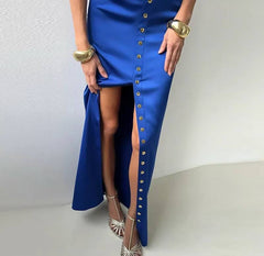 Elegant Turtleneck Sleeveless Crop Top Vest High Waist Button Long Skirt 2 Piece Set