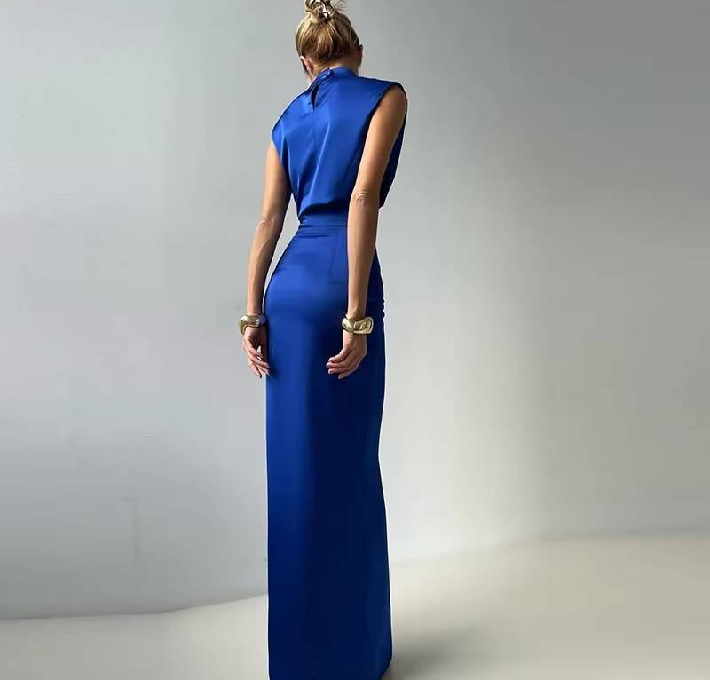 Elegant Turtleneck Sleeveless Crop Top Vest High Waist Button Long Skirt 2 Piece Set