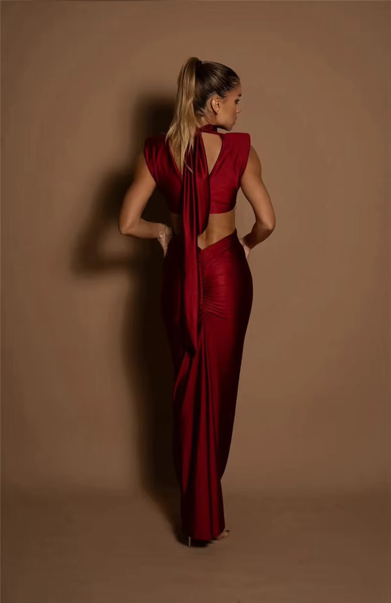 Elegant Turtleneck Solid Sleeveless Hollow Out Bodycon Maxi Dress