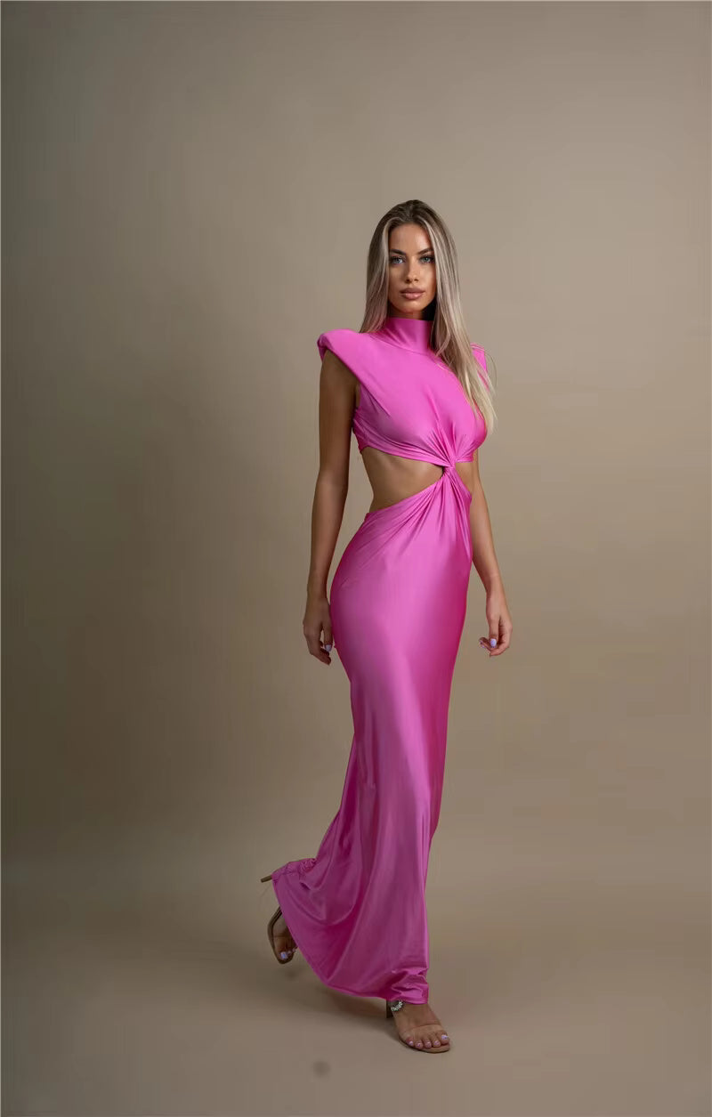 Elegant Turtleneck Solid Sleeveless Hollow Out Bodycon Maxi Dress