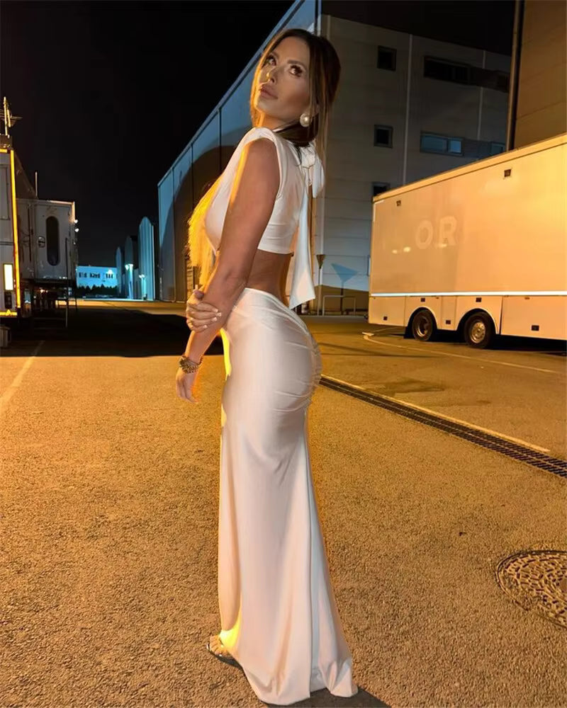 Elegant Turtleneck Solid Sleeveless Hollow Out Bodycon Maxi Dress