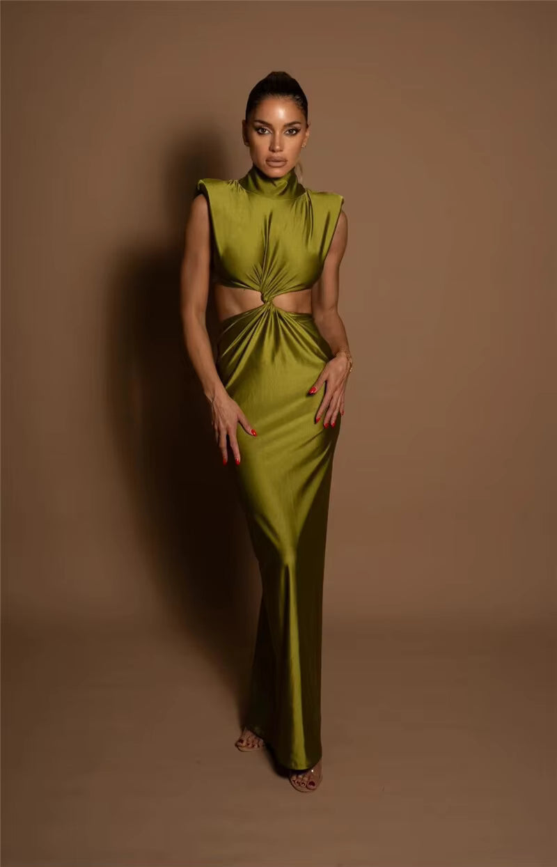 Elegant Turtleneck Solid Sleeveless Hollow Out Bodycon Maxi Dress