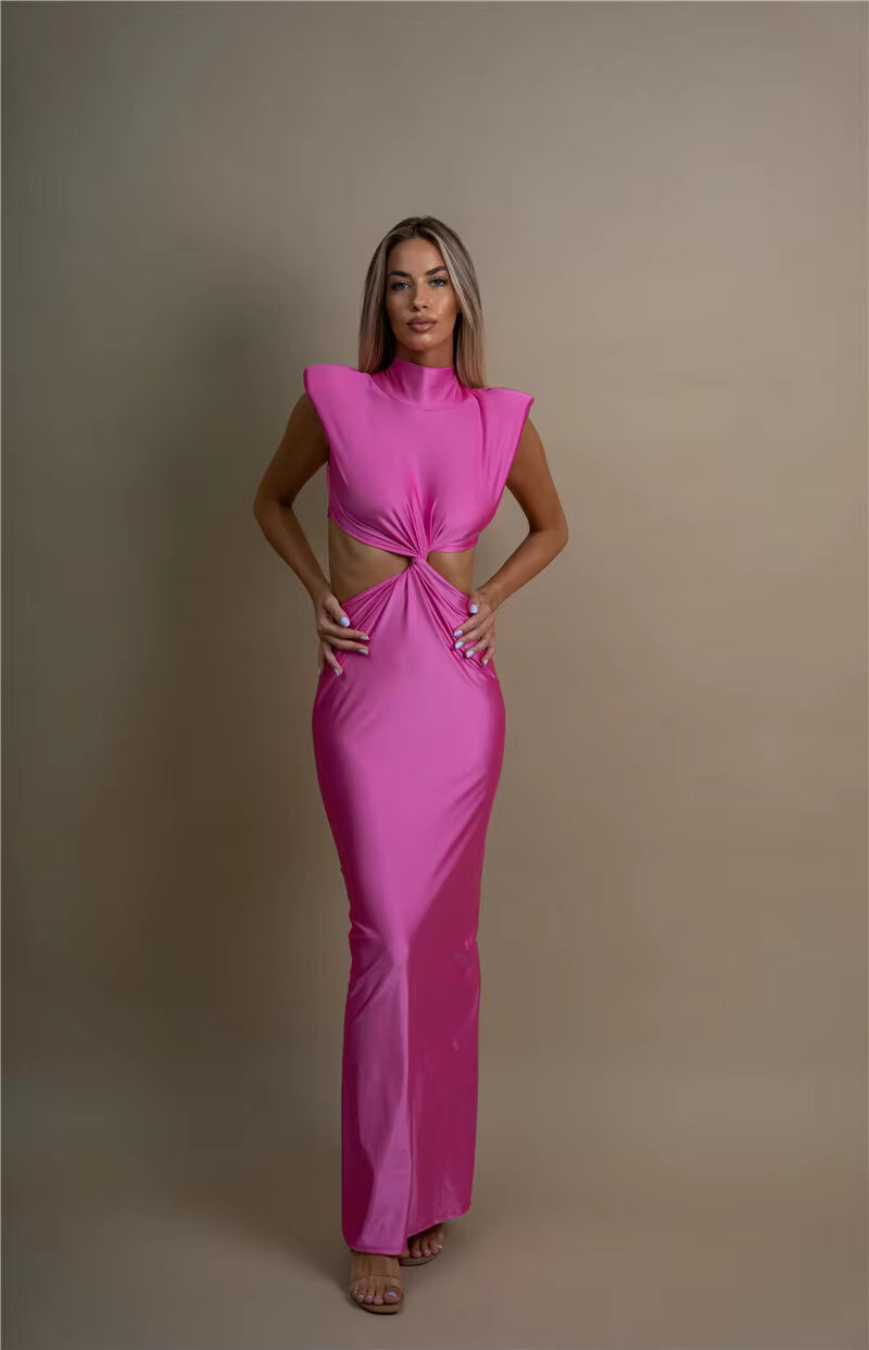 Elegant Turtleneck Solid Sleeveless Hollow Out Bodycon Maxi Dress