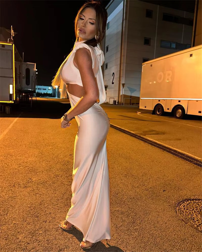 Elegant Turtleneck Solid Sleeveless Hollow Out Bodycon Maxi Dress