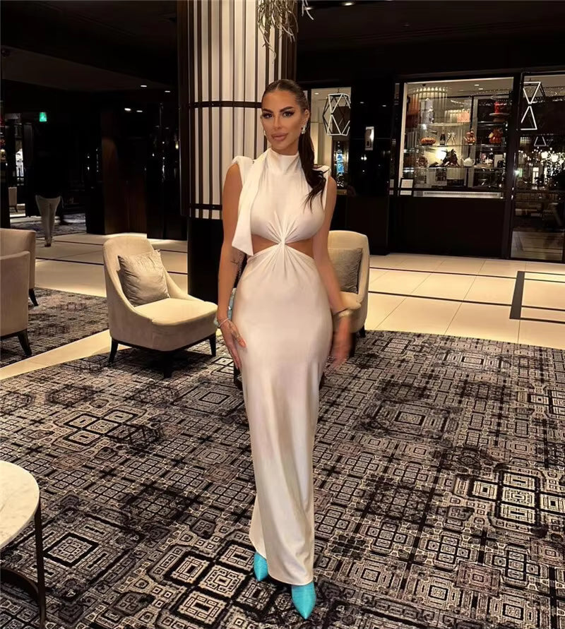 Elegant Turtleneck Solid Sleeveless Hollow Out Bodycon Maxi Dress