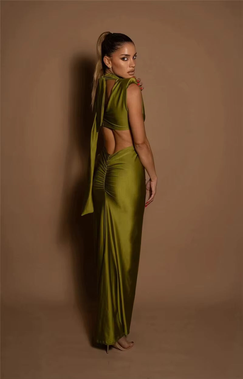 Elegant Turtleneck Solid Sleeveless Hollow Out Bodycon Maxi Dress