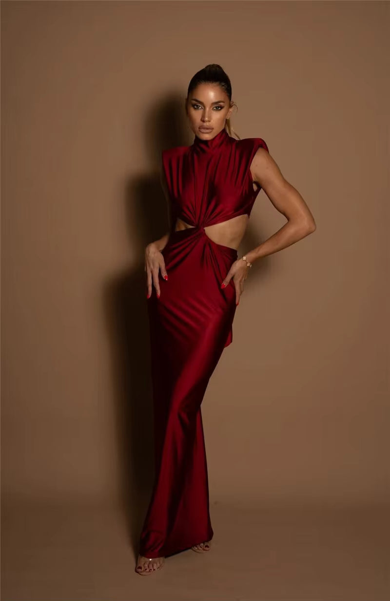Elegant Turtleneck Solid Sleeveless Hollow Out Bodycon Maxi Dress