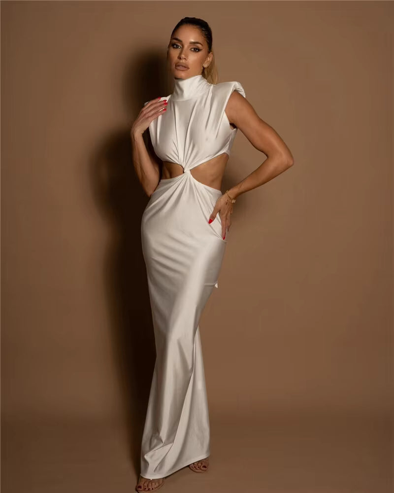 Elegant Turtleneck Solid Sleeveless Hollow Out Bodycon Maxi Dress