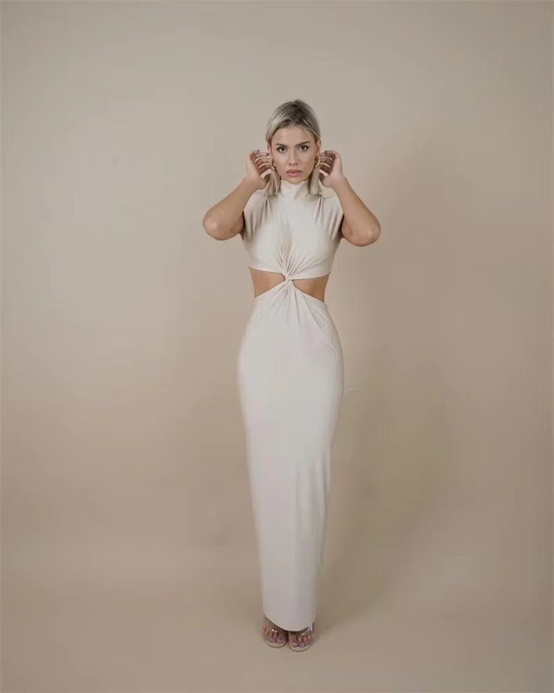 Elegant Turtleneck Solid Sleeveless Hollow Out Bodycon Maxi Dress