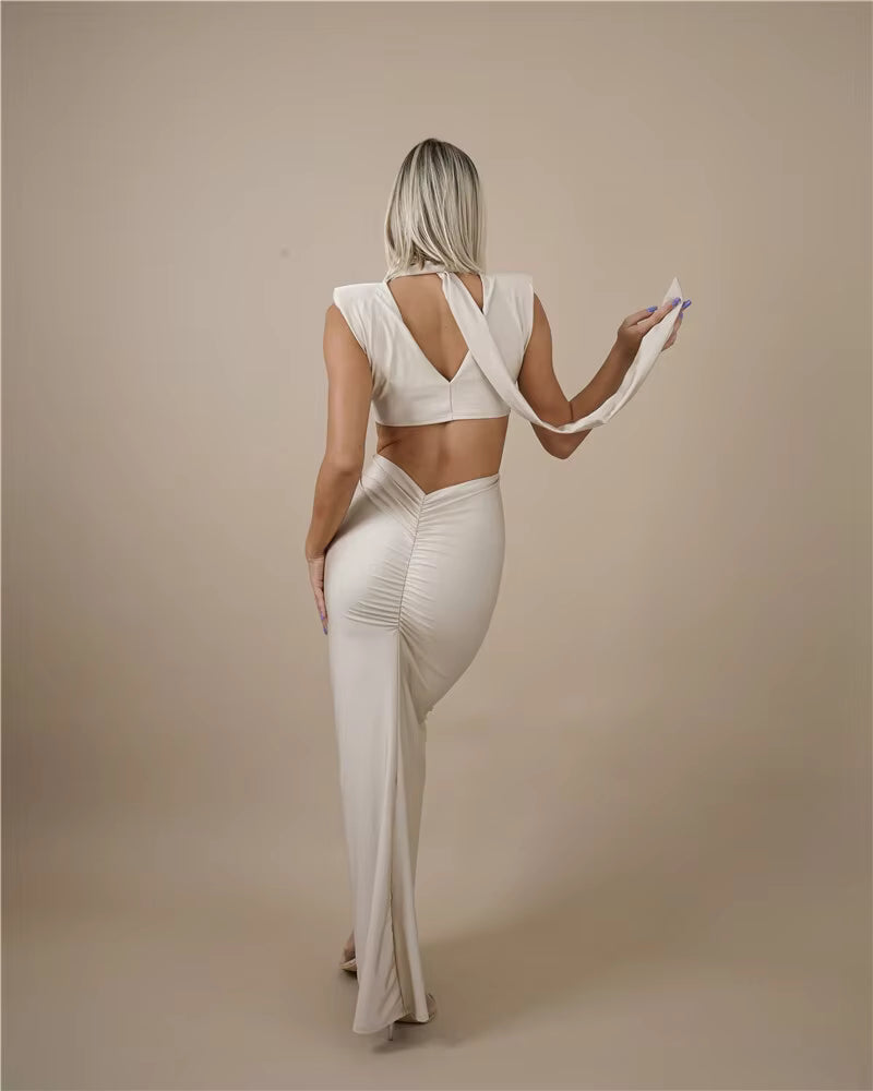 Elegant Turtleneck Solid Sleeveless Hollow Out Bodycon Maxi Dress