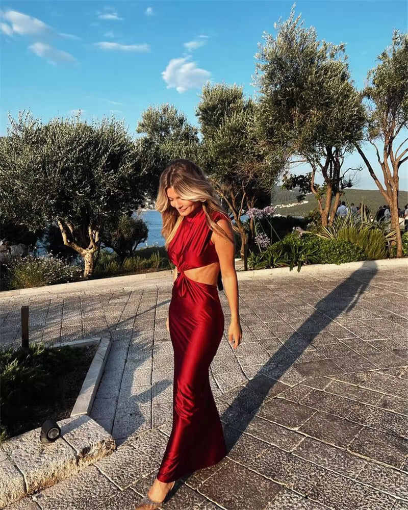 Elegant Turtleneck Solid Sleeveless Hollow Out Bodycon Maxi Dress