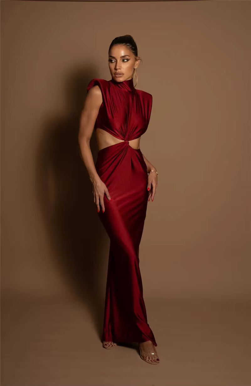 Elegant Turtleneck Solid Sleeveless Hollow Out Bodycon Maxi Dress