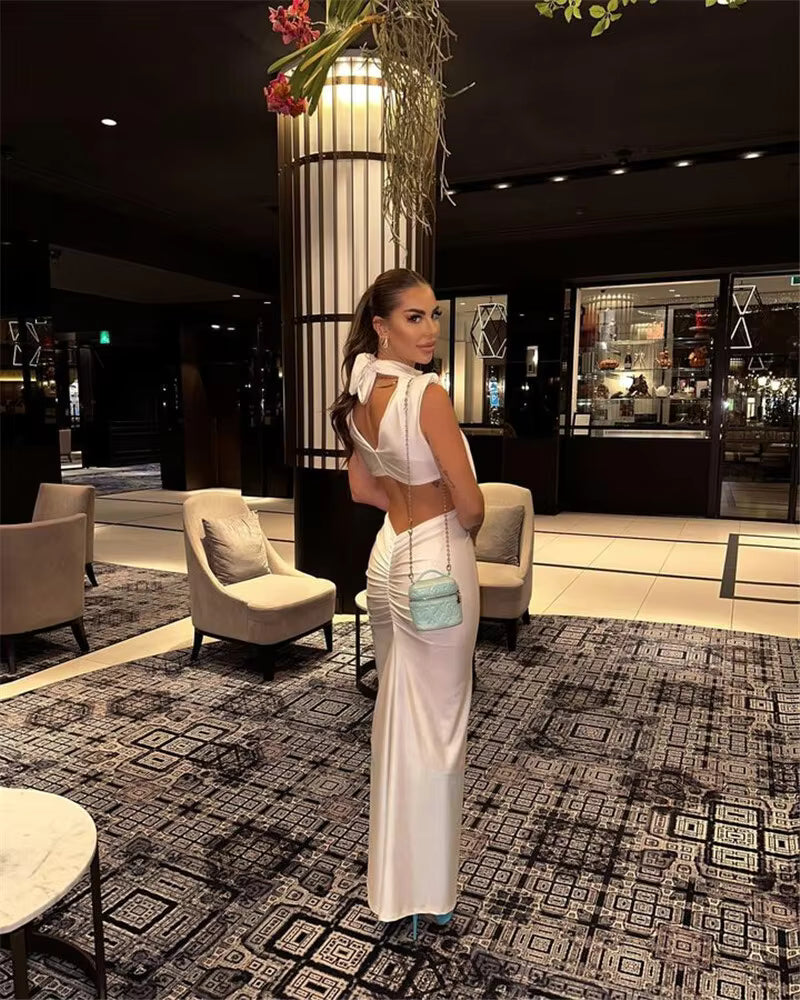 Elegant Turtleneck Solid Sleeveless Hollow Out Bodycon Maxi Dress