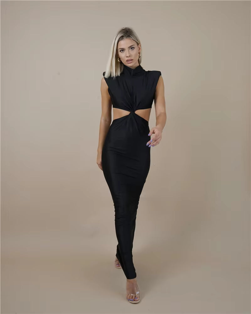 Elegant Turtleneck Solid Sleeveless Hollow Out Bodycon Maxi Dress