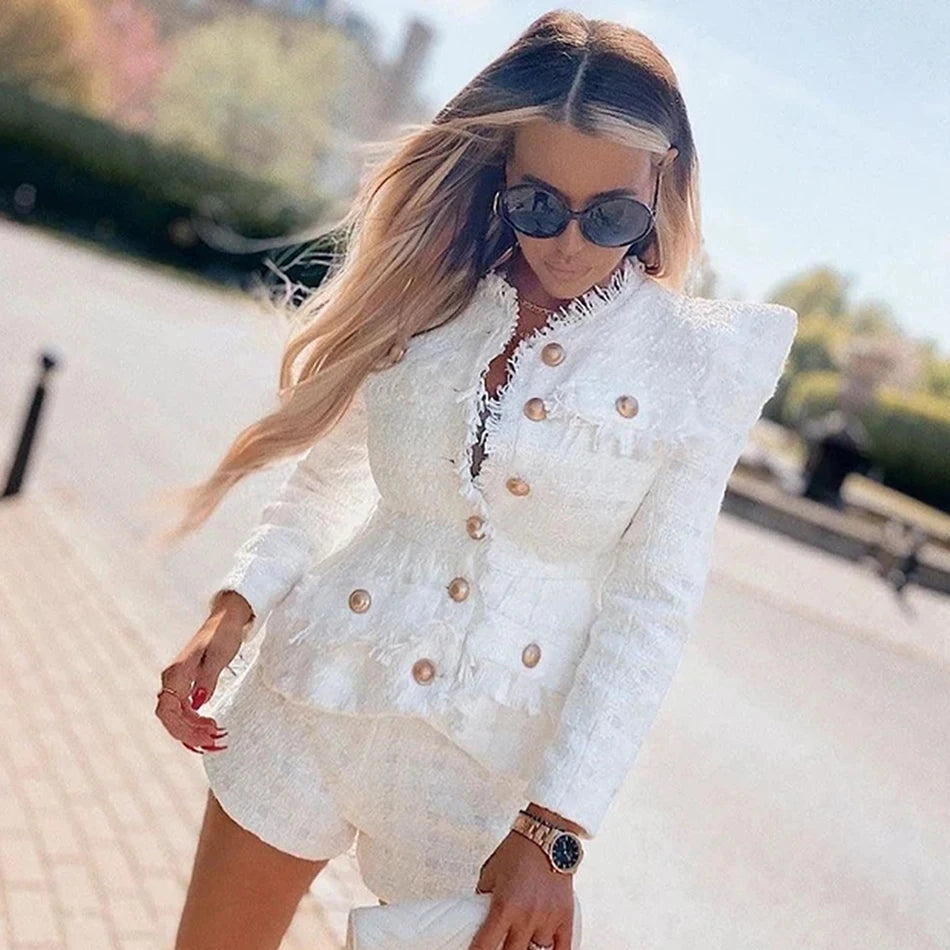 Elegant Tweed Single-breasted Slim Tassels Jacket And High Waist Shorts Suit Celebrity Party Two Piece Sets