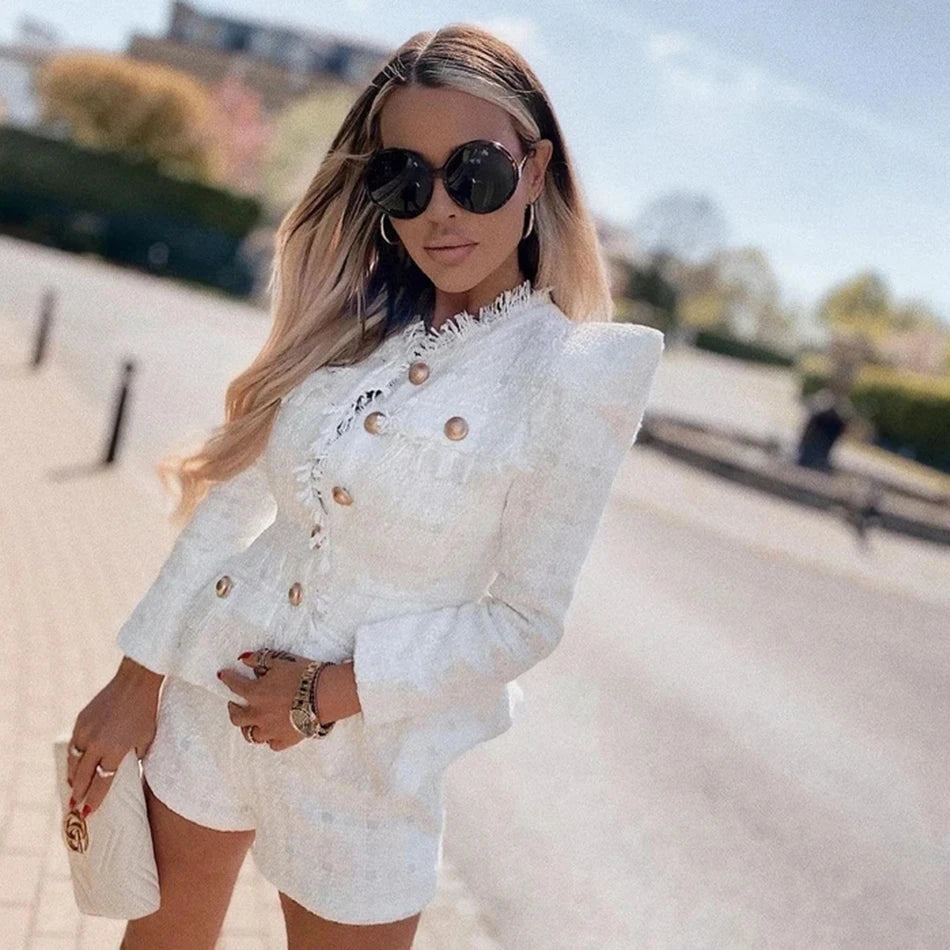Elegant Tweed Single-breasted Slim Tassels Jacket And High Waist Shorts Suit Celebrity Party Two Piece Sets