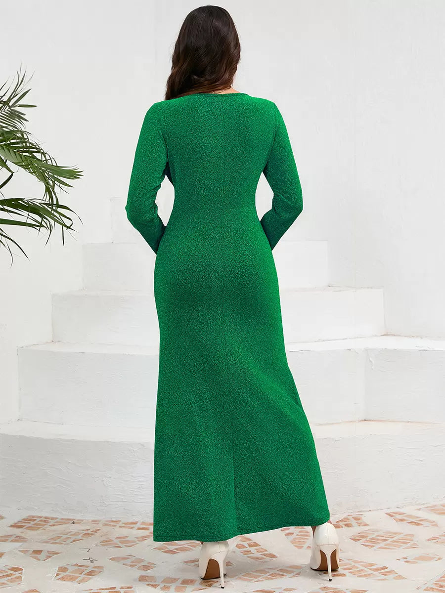 Elegant U-Neck Pleated Long Sleeves Semi Formal Party Dress