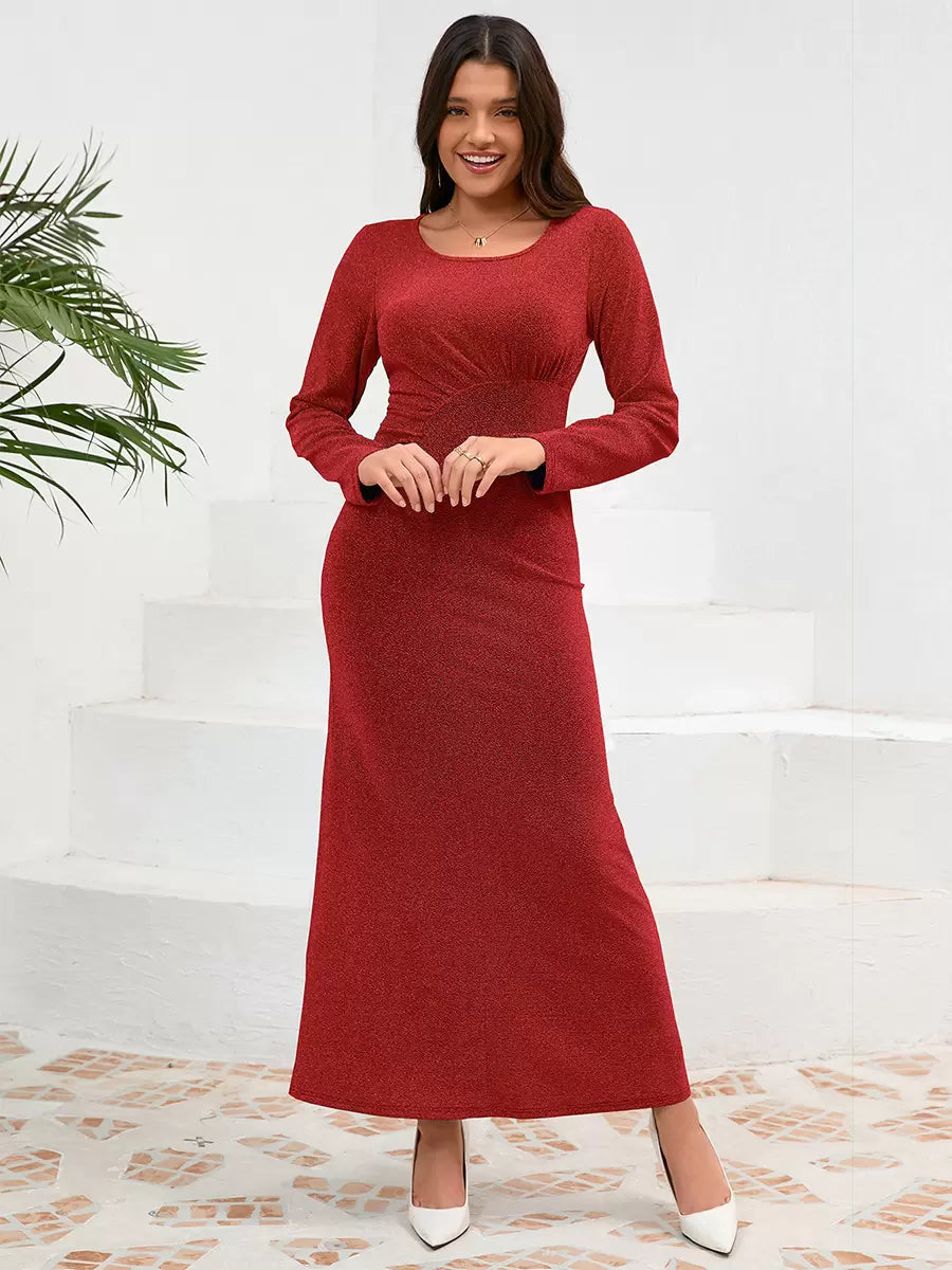 Elegant U-Neck Pleated Long Sleeves Semi Formal Party Dress