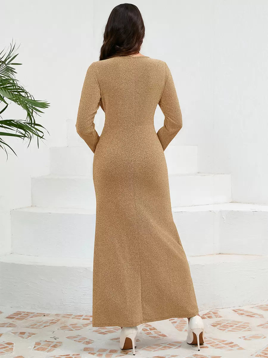 Elegant U-Neck Pleated Long Sleeves Semi Formal Party Dress