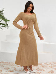 Elegant U-Neck Pleated Long Sleeves Semi Formal Party Dress