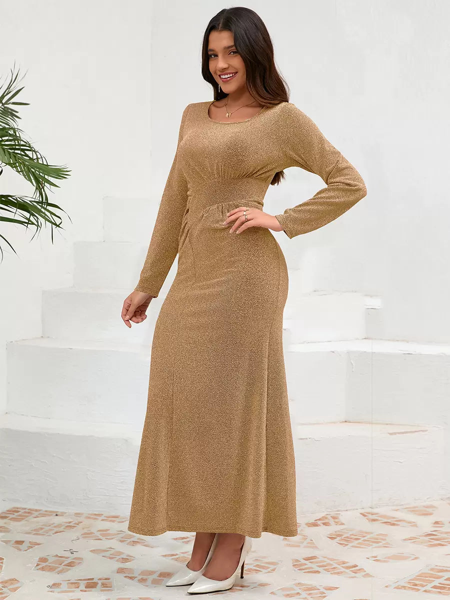 Elegant U-Neck Pleated Long Sleeves Semi Formal Party Dress