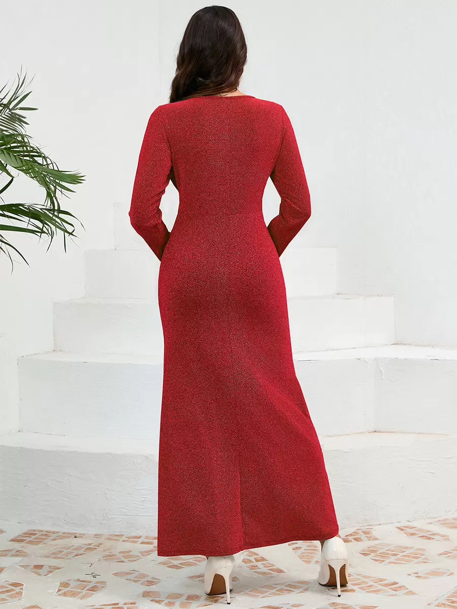 Elegant U-Neck Pleated Long Sleeves Semi Formal Party Dress