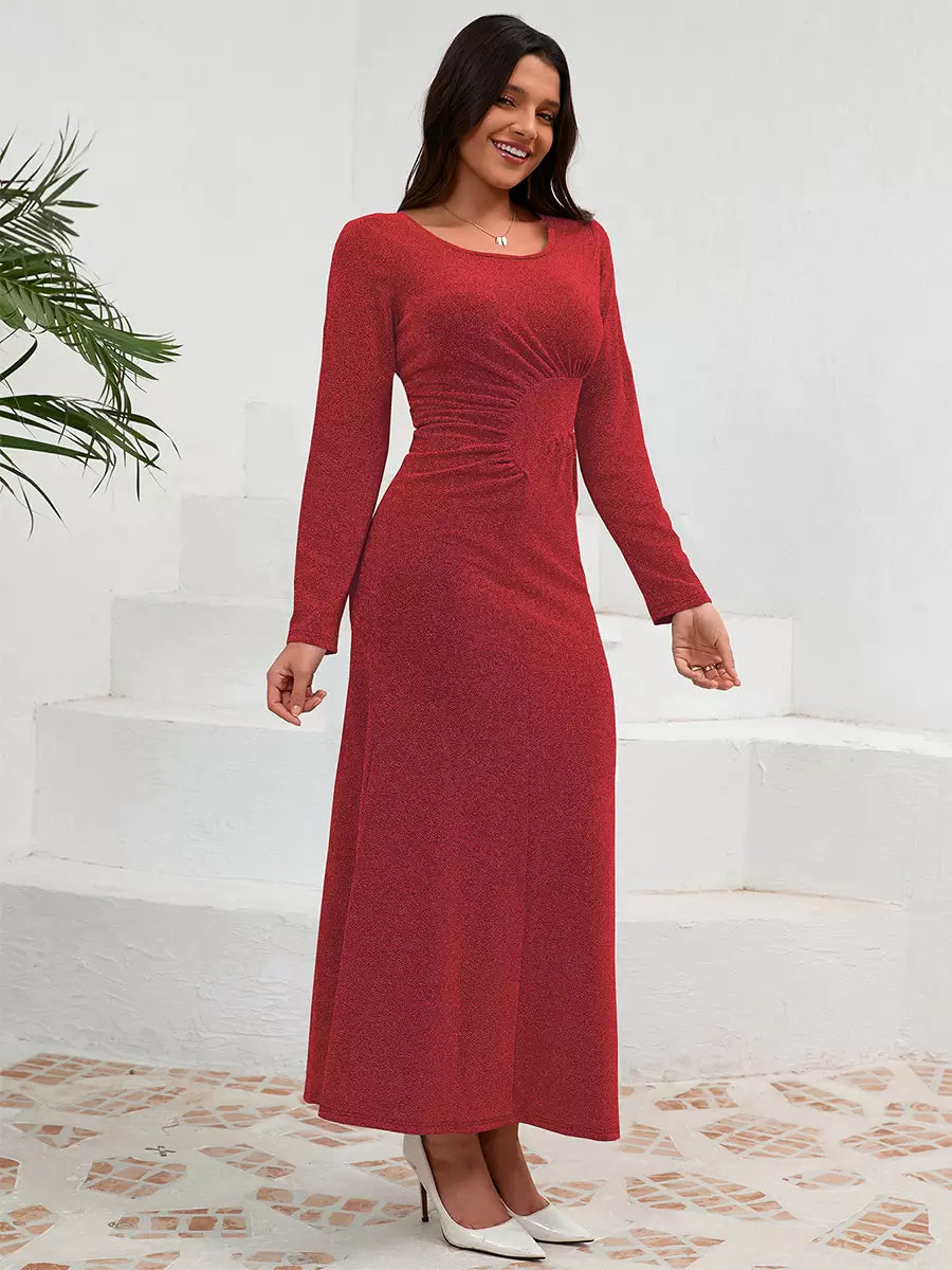 Elegant U-Neck Pleated Long Sleeves Semi Formal Party Dress