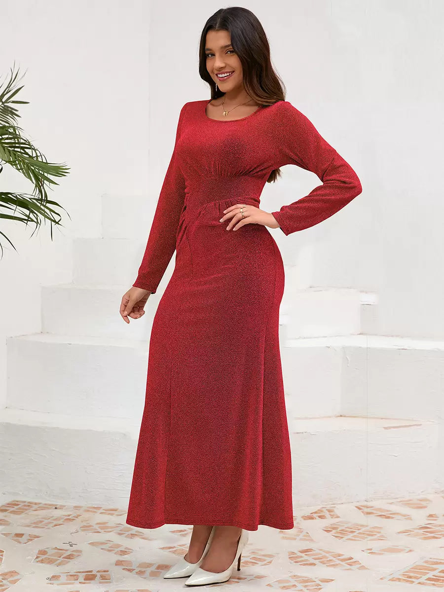 Elegant U-Neck Pleated Long Sleeves Semi Formal Party Dress