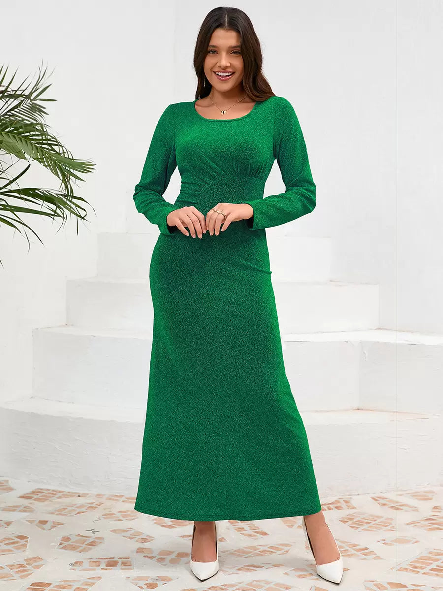 Elegant U-Neck Pleated Long Sleeves Semi Formal Party Dress