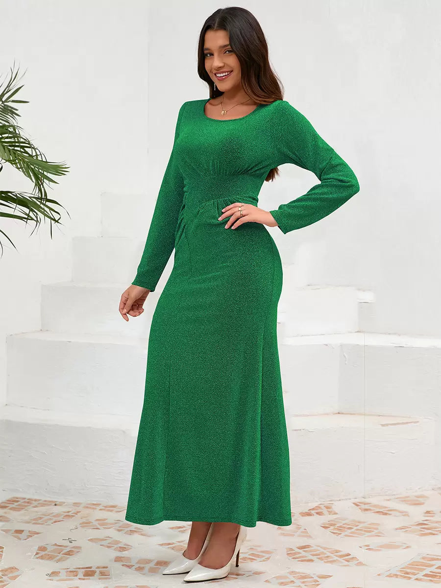 Elegant U-Neck Pleated Long Sleeves Semi Formal Party Dress