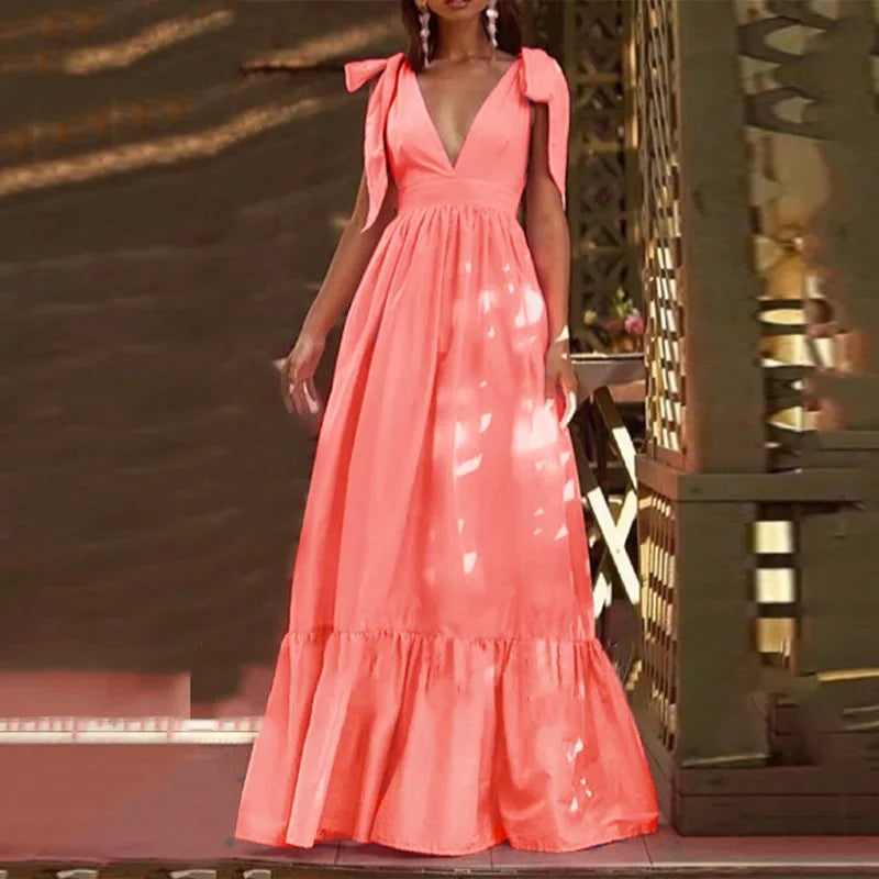 Elegant V-Neck Backless Hollow Out Long Party Maxi Dress