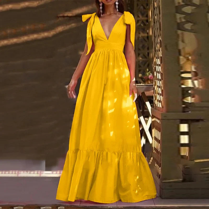 Elegant V-Neck Backless Hollow Out Long Party Maxi Dress