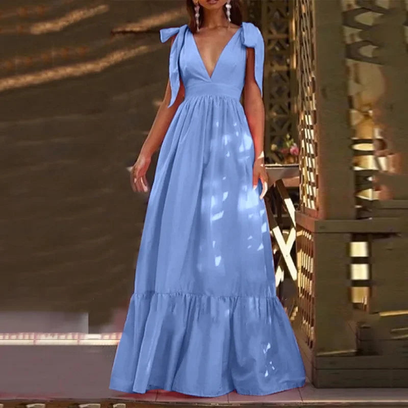 Elegant V-Neck Backless Hollow Out Long Party Maxi Dress