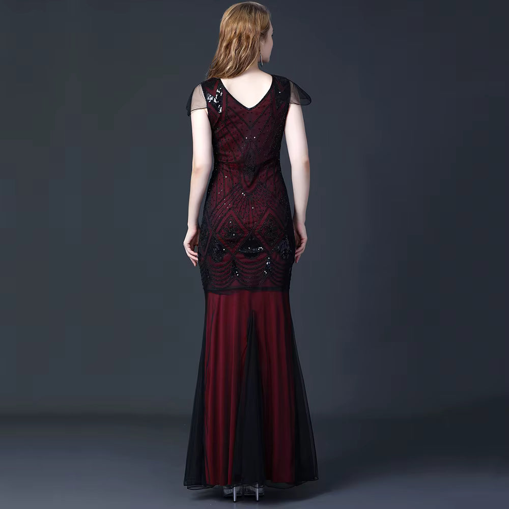 Elegant V-Neck Backless Natural Fiber sequin Long maxi Desses