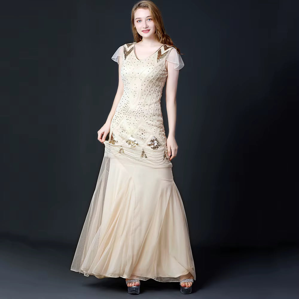 Elegant V-Neck Backless Natural Fiber sequin Long maxi Desses