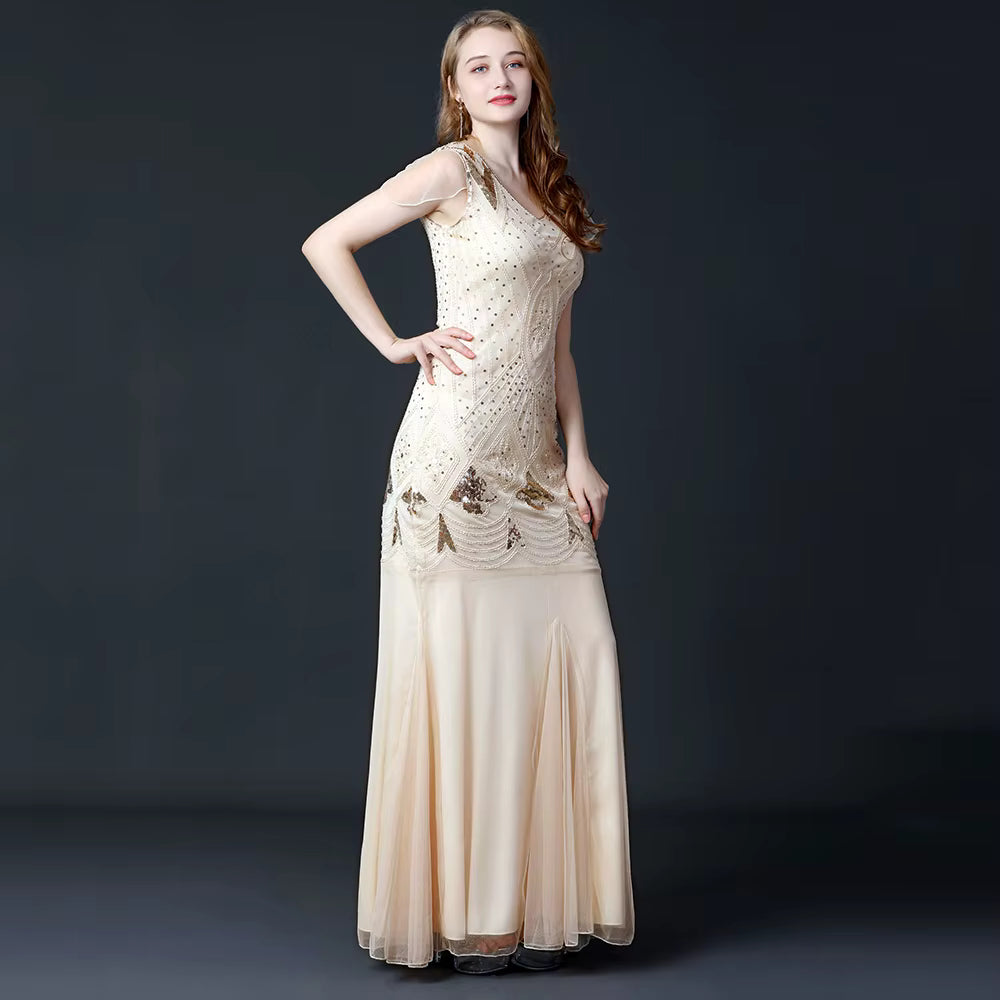 Elegant V-Neck Backless Natural Fiber sequin Long maxi Desses