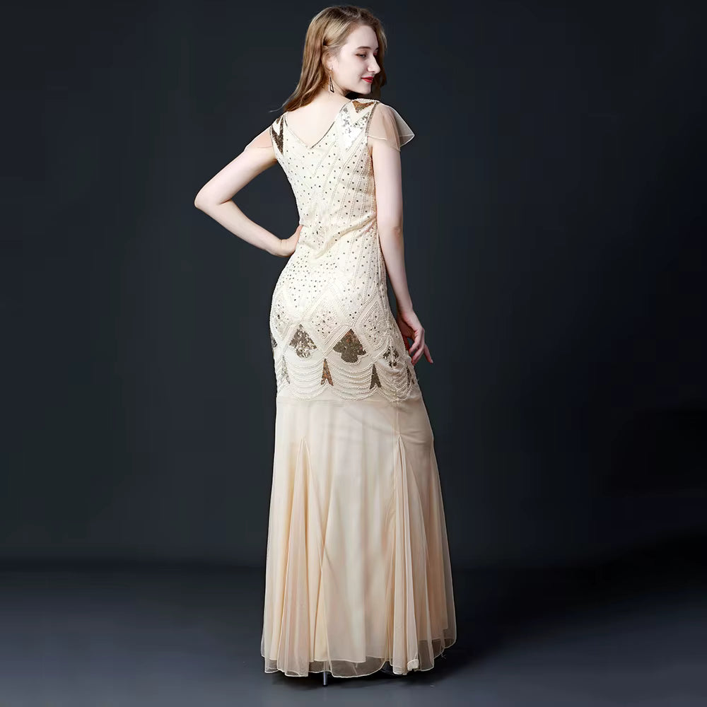 Elegant V-Neck Backless Natural Fiber sequin Long maxi Desses
