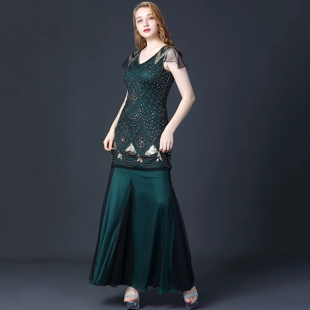 Elegant V-Neck Backless Natural Fiber sequin Long maxi Desses
