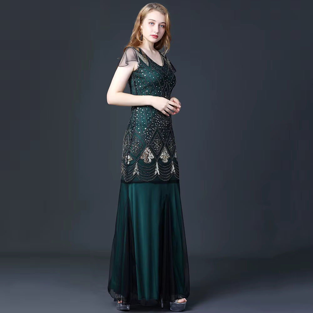 Elegant V-Neck Backless Natural Fiber sequin Long maxi Desses