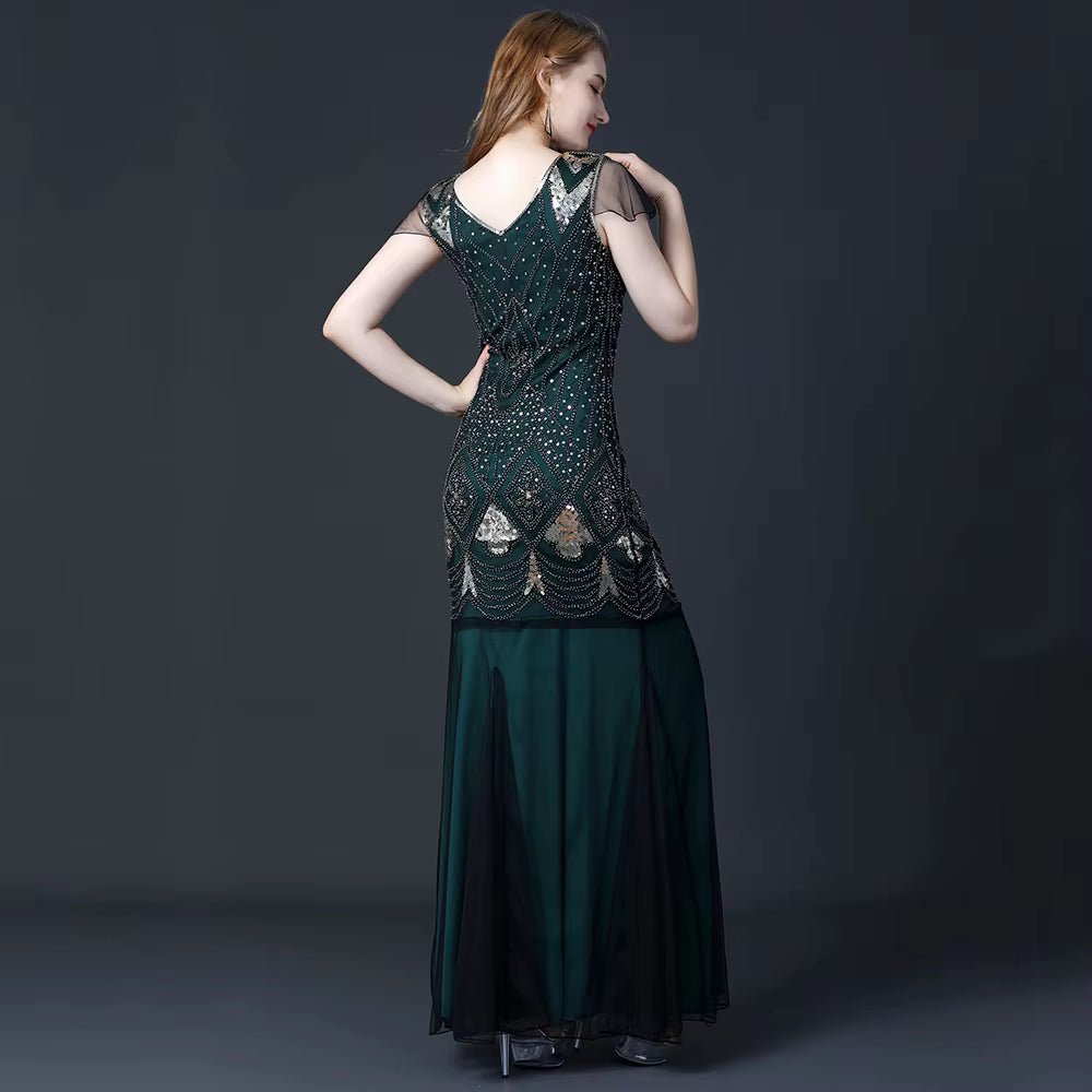 Elegant V-Neck Backless Natural Fiber sequin Long maxi Desses