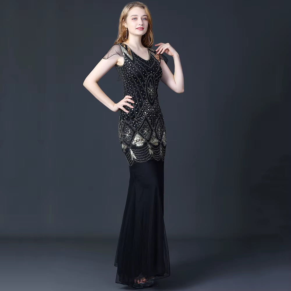 Elegant V-Neck Backless Natural Fiber sequin Long maxi Desses