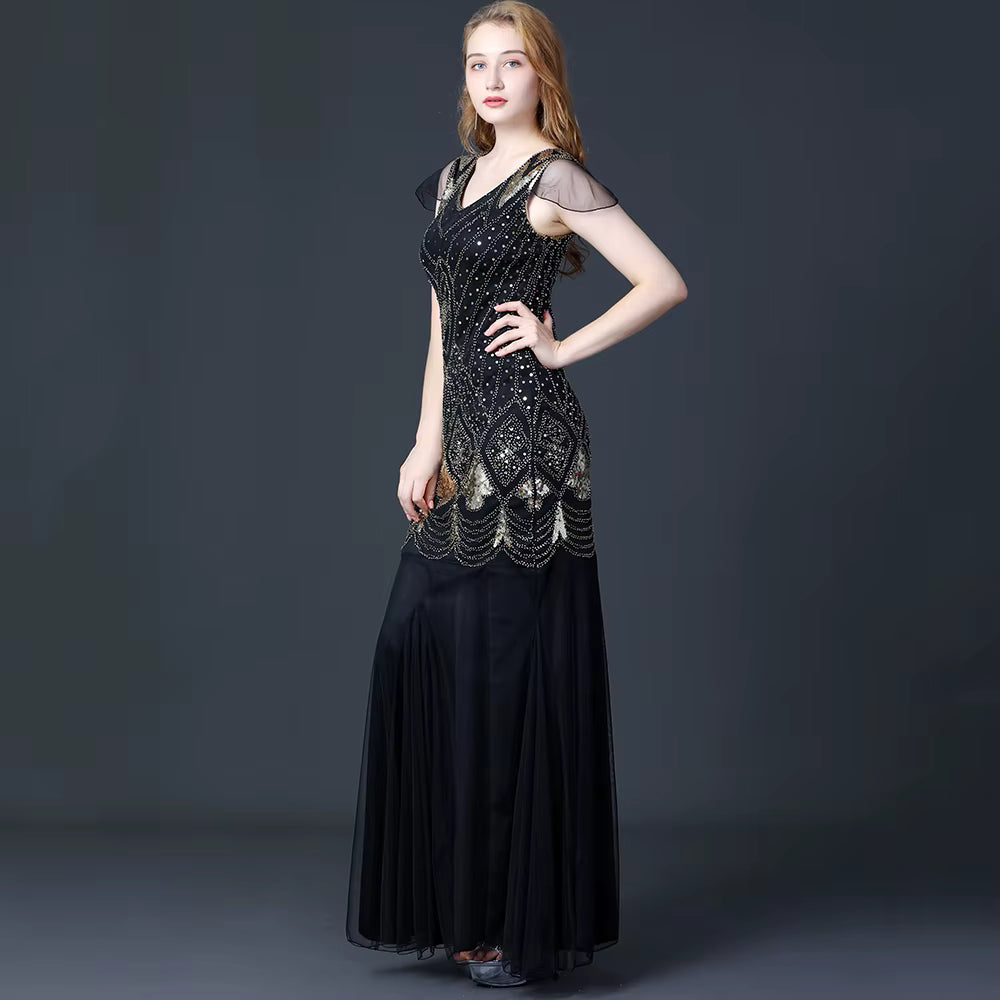 Elegant V-Neck Backless Natural Fiber sequin Long maxi Desses