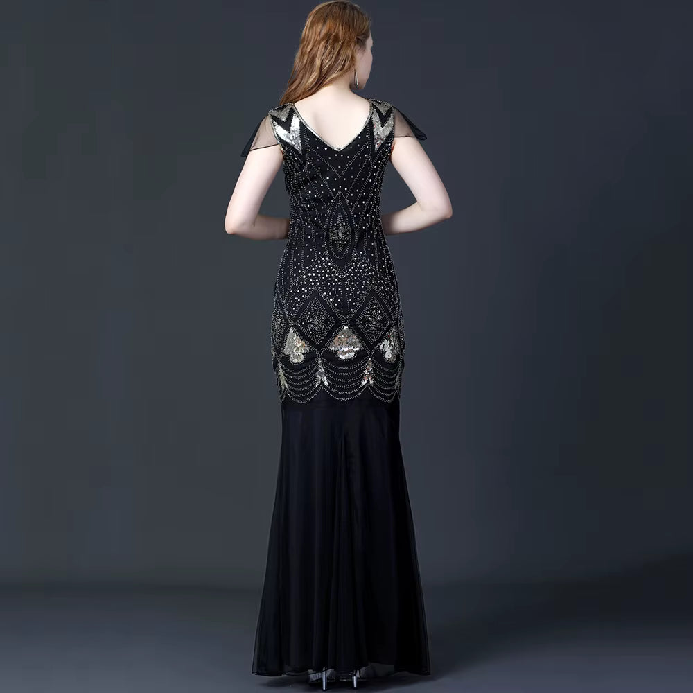 Elegant V-Neck Backless Natural Fiber sequin Long maxi Desses