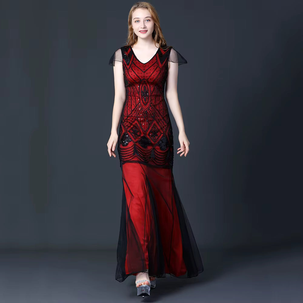 Elegant V-Neck Backless Natural Fiber sequin Long maxi Desses