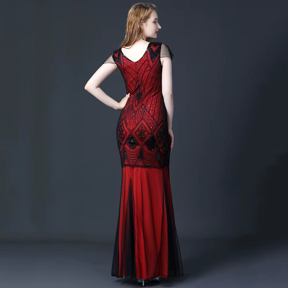 Elegant V-Neck Backless Natural Fiber sequin Long maxi Desses