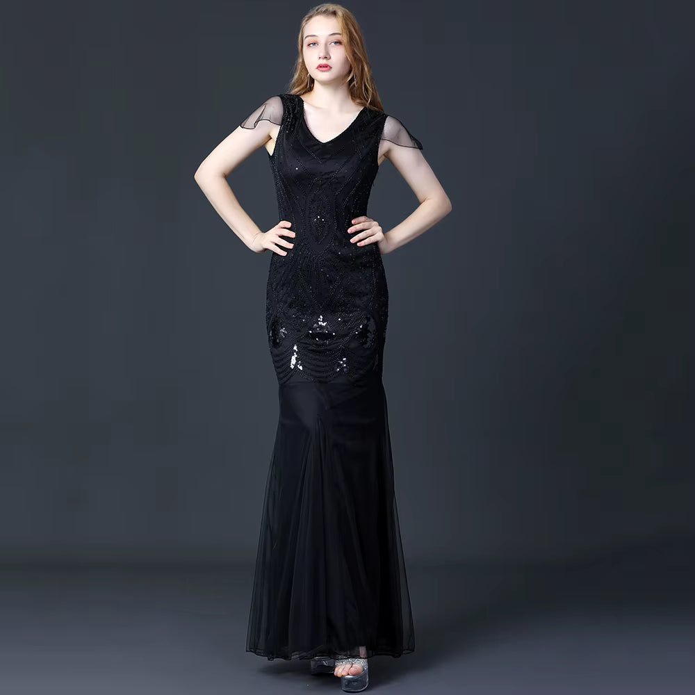 Elegant V-Neck Backless Natural Fiber sequin Long maxi Desses