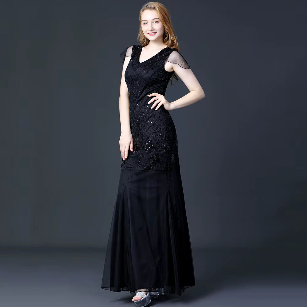 Elegant V-Neck Backless Natural Fiber sequin Long maxi Desses