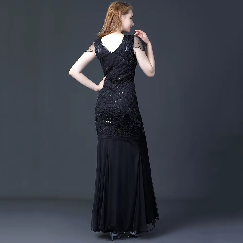 Elegant V-Neck Backless Natural Fiber sequin Long maxi Desses